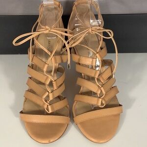 Antonio Melani Tan Leather Lace Up Strap Wedge Heel Sandal Shoes Sz 9M